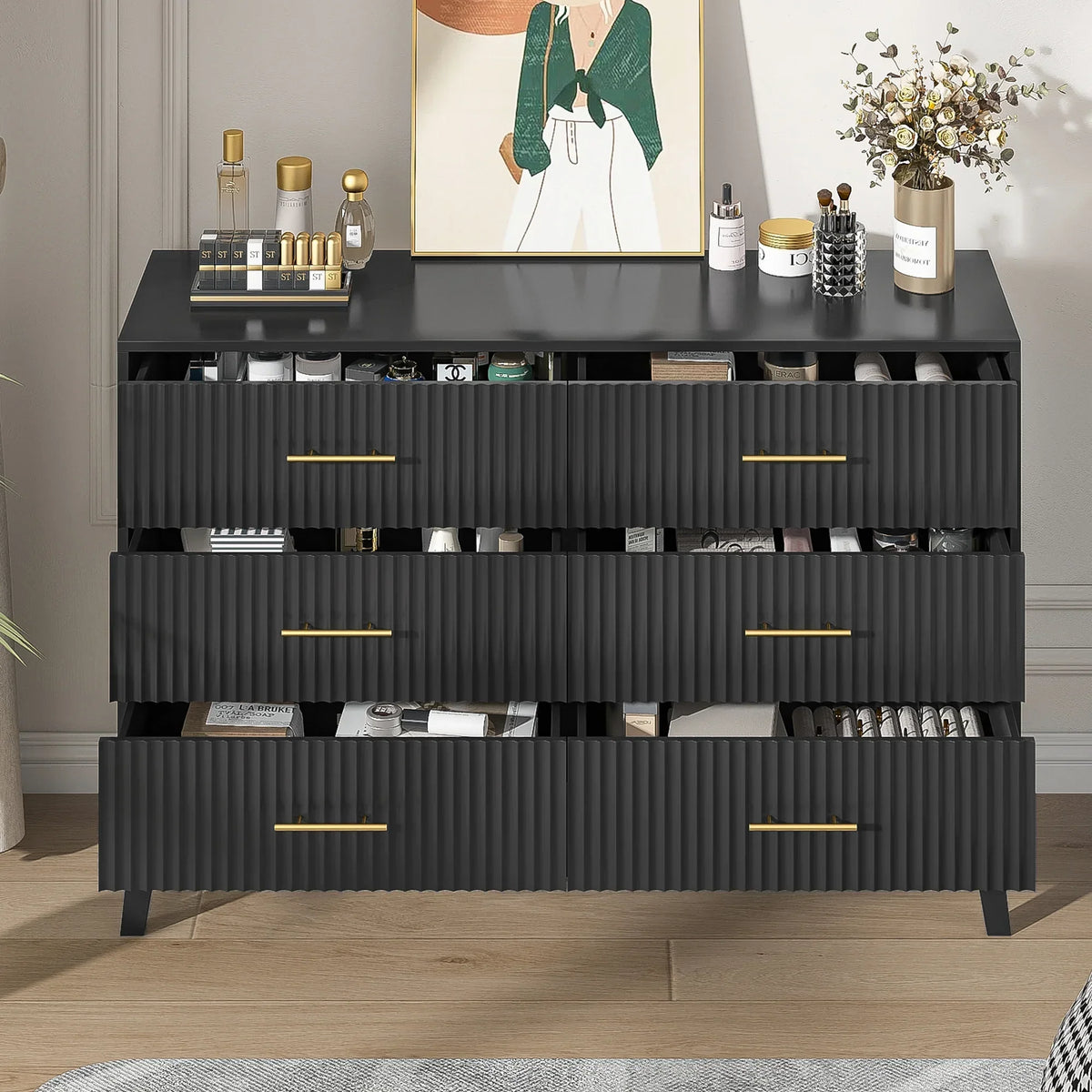 2026 NewFluted 6 Drawers Dresser, Wide Modern Chest of Drawers, 6 Drawer Double Dresser