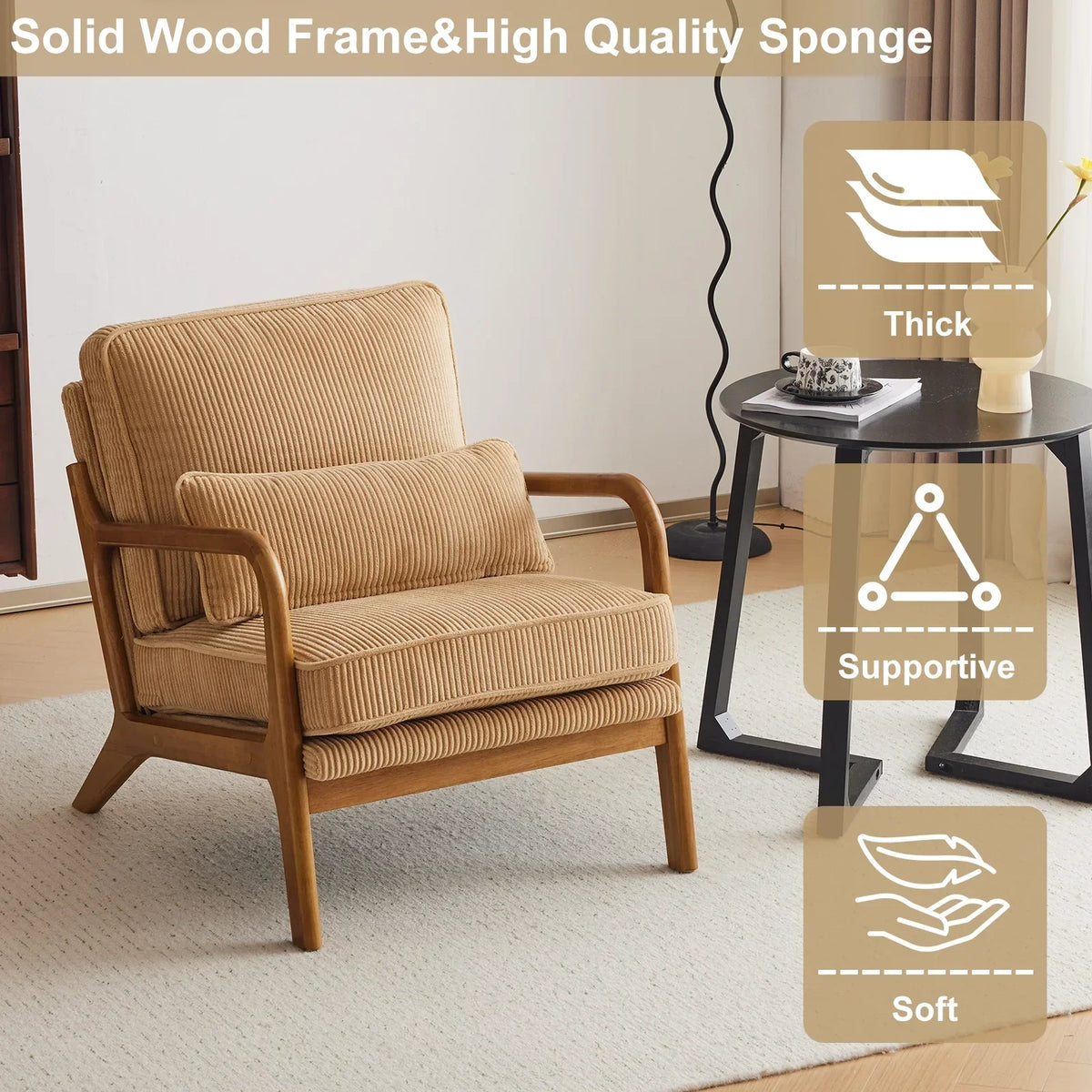 2026 NewKtaxon Accent Chair Corduroy Upholstered Armchair, Reading Club Chair with Pillow and Solid Wood Frame for Living Room Bedroom Furniture Off White
