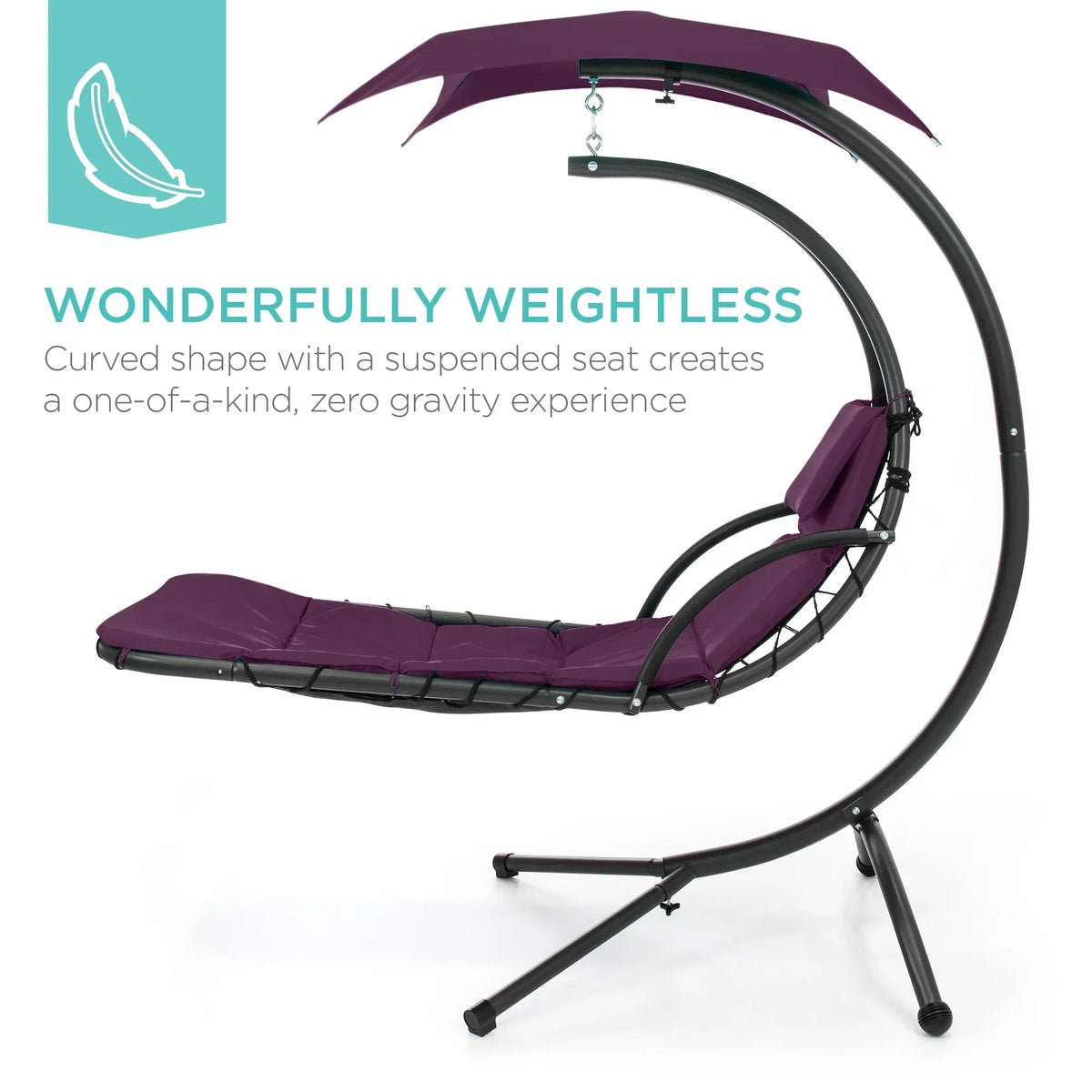 2026 NewBest Choice Products Hanging Curved Chaise Lounge Chair Swing for Backyard, Patio w/ Pillow, Shade, Stand - Teal