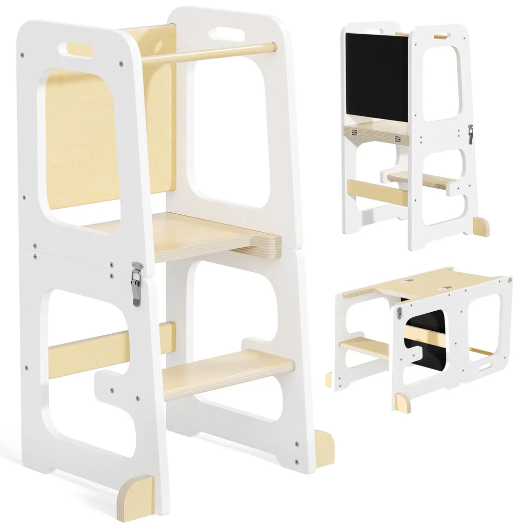 2026 NewJOZ Kitchen Toddlers Step Stool, Montessori Kids Learning Stool, Foldable Toddler Tower for Counter, Standing Helper for Children, 3 Adjustable Heights, Wooden, White