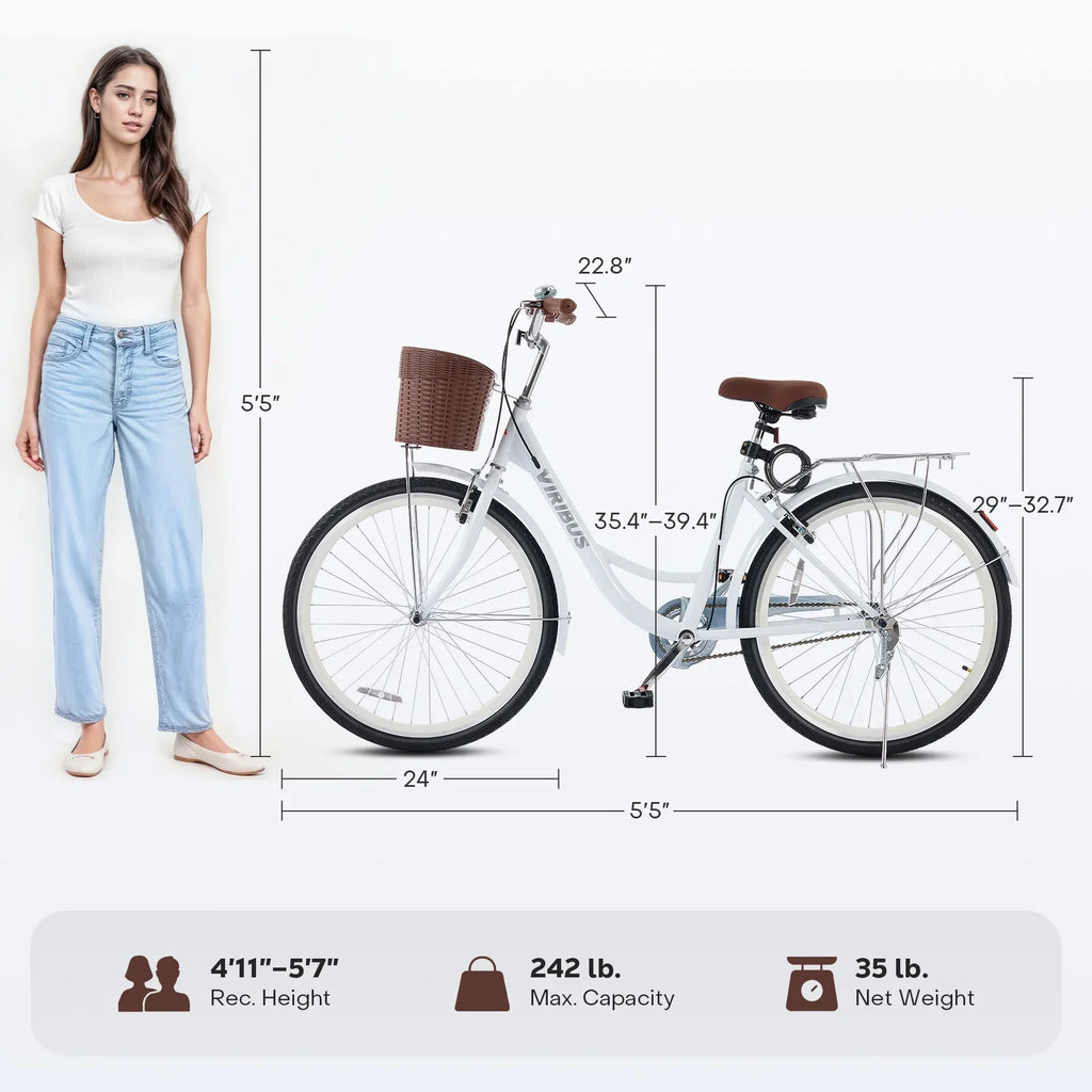 2026 NewViribus Women's Comfort Bike 24 inch Beach & City Cruiser Bicycle with Basket Rack White