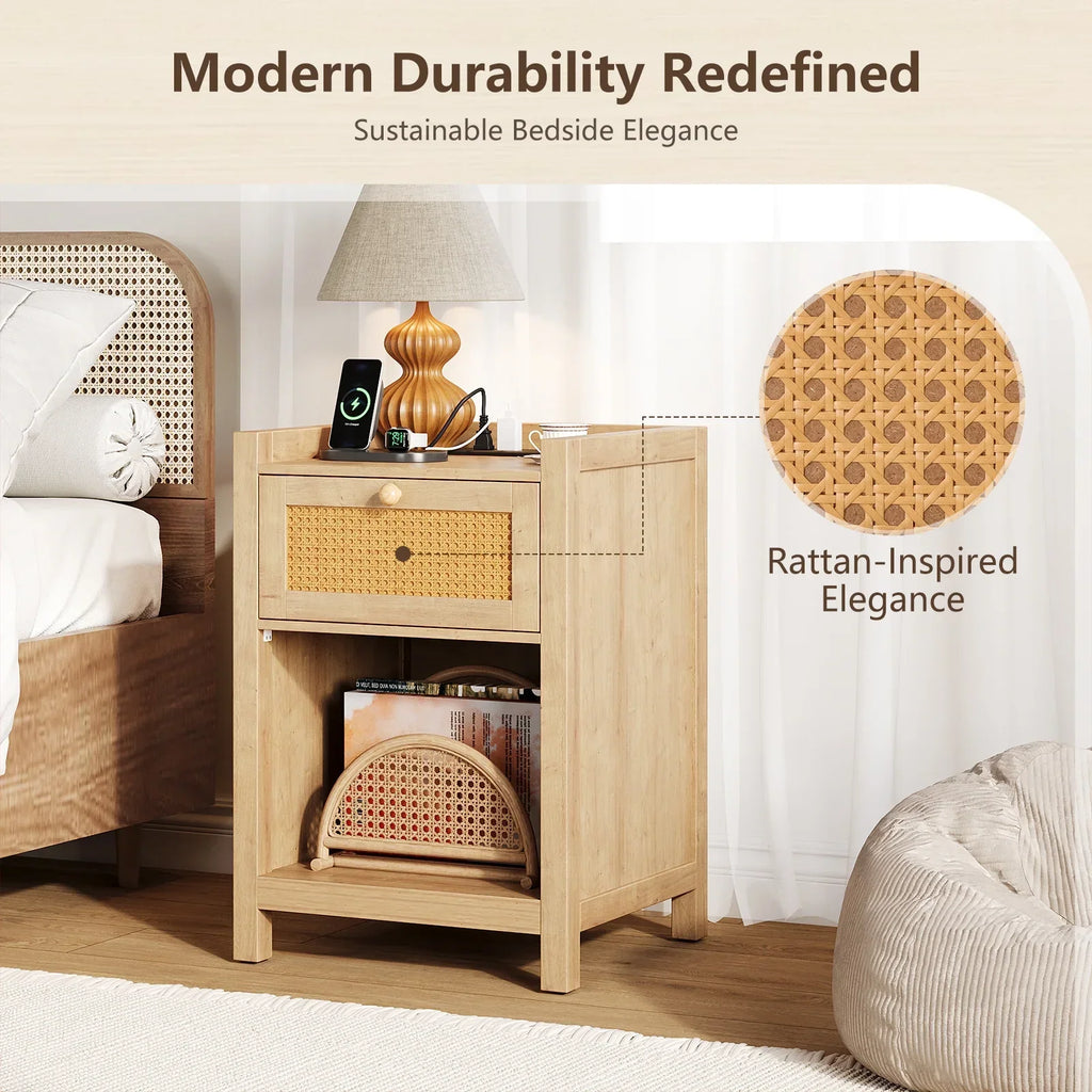 2026 NewLGHM Nightstand Set of 2 with Charging Station, Farmhouse Bedside Tables Night Stands with Drawer, Boho Side Tables for Bedroom, Living Room, Oak