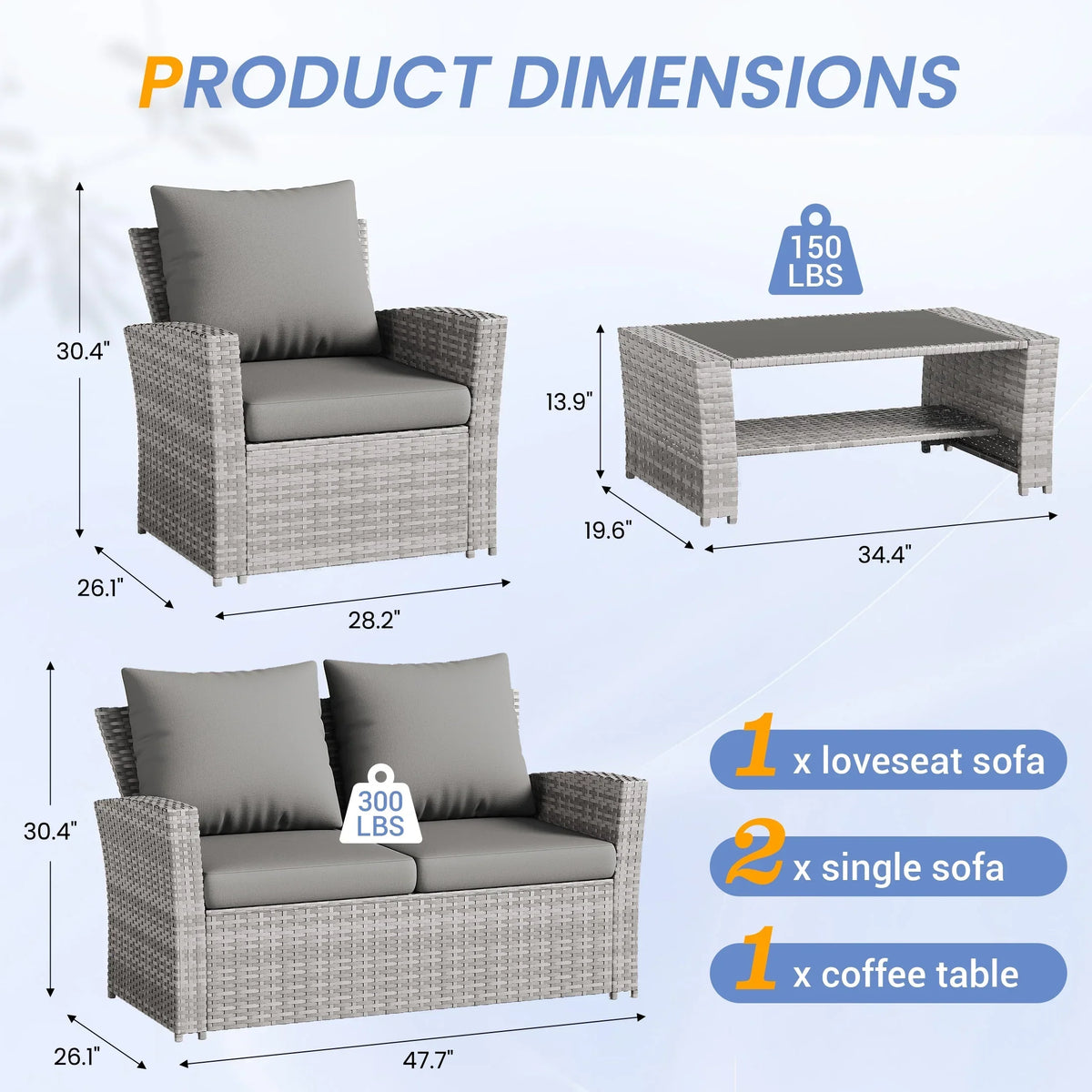2026 NewUDPATIO Wicker Patio Furniture Set, 4 Piece Outdoor Sectional Conversation Sets, Gray PE Rattan Patio Sofa Set for Balcony, Porch, Backyard, Grey