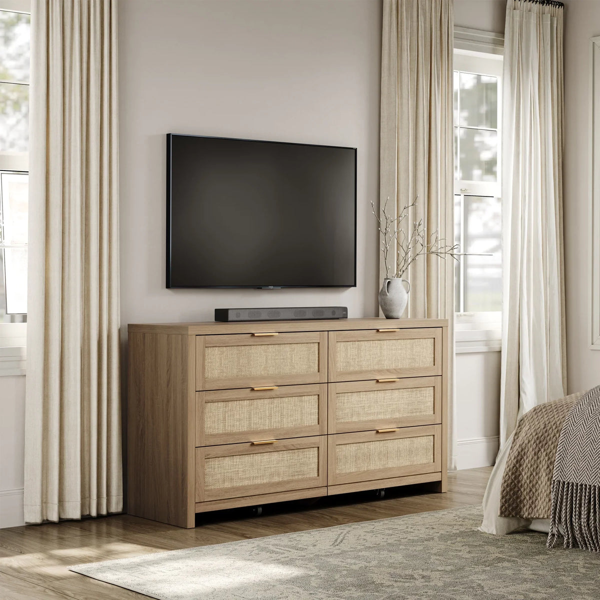 2026 NewSICOTAS 56.85" 6 Drawer Dresser,Rattan Dresser with Storage,Boho Dressers & Chests of Drawers Wooden Tall Dresser for Bedroom
