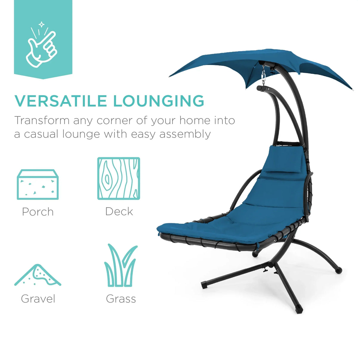2026 NewBest Choice Products Hanging Curved Chaise Lounge Chair Swing for Backyard, Patio w/ Pillow, Shade, Stand - Teal