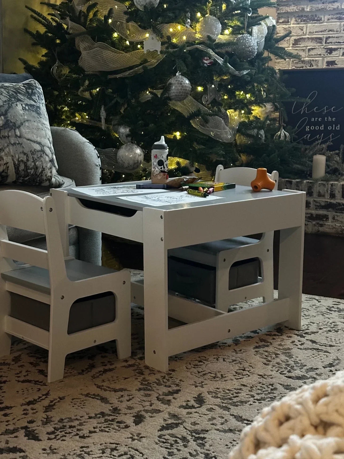 2026 NewLINLUX Kids Table and 2 Chairs Set, Children Activity Table Chairs with Chalkboard/Whiteboard, Grey