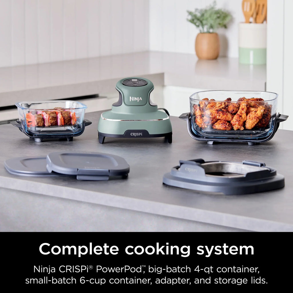 2026 NewNinja Crispi 4-in-1 Portable Glass Air Fryer Cooking System, 4-Qt & 6-Cup Containers, Cyberspace