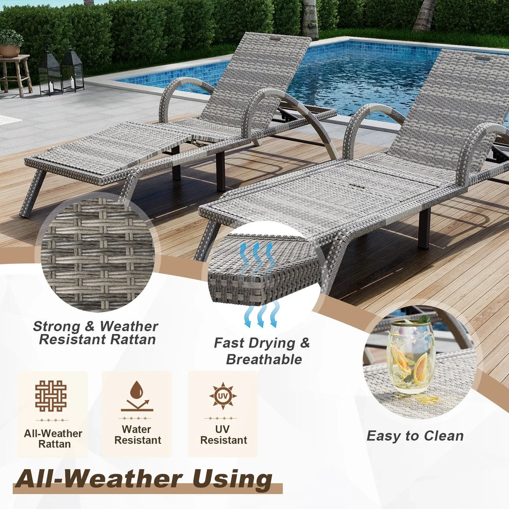 2026 NewMEISSALIVVE 4-Piece Outdoor Lounge Chairs, Pool Chairs with Adjustable 5 Position Backrest, PE Rattan Chaise for Backyard Porch Deck (Gray)