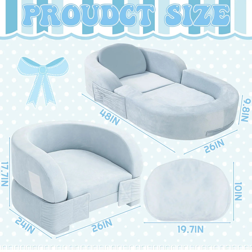 2026 NewCoumy Toddler Travel Bed 2-in-1 Kids Sofa Chair with Removable Cover, Soft Foam Portable Foldable Toddler Bed for Travel with Carrying Bag, Blue