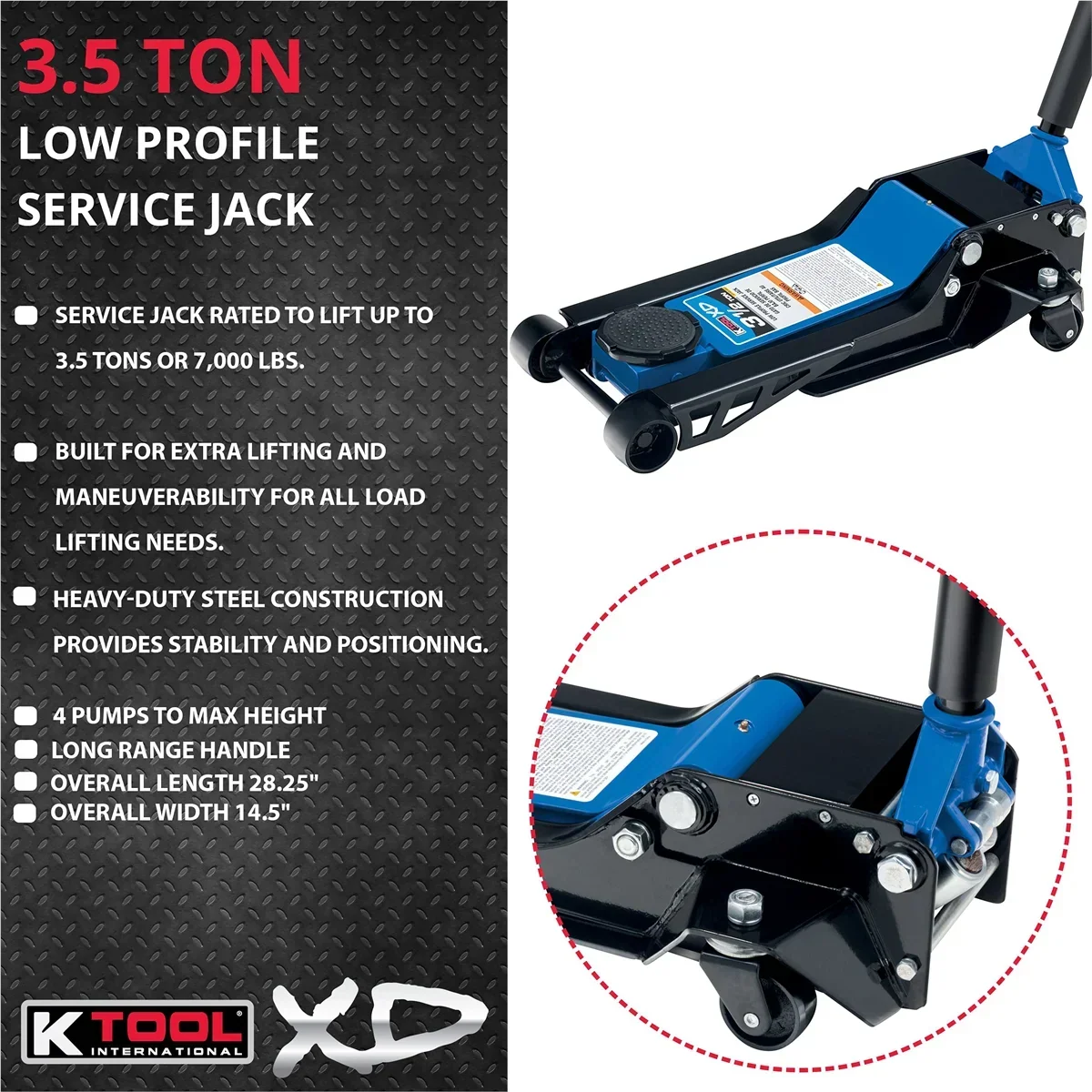 2026 NewK-Tool INT022 3.5 Ton Low Profile Service Jack; Dual Pump Piston