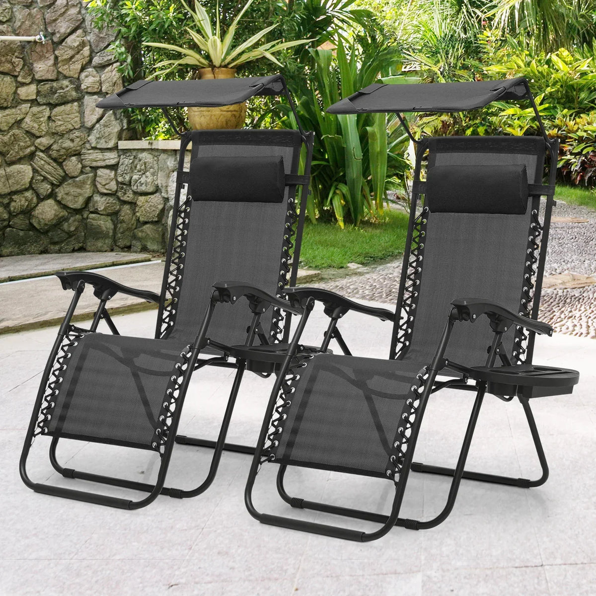 2026 NewMoNiBloom Zero Gravity Chairs Set of 2, Folding Outdoor Patio Beach Recliner with Canopy Shade & Headrest, Black