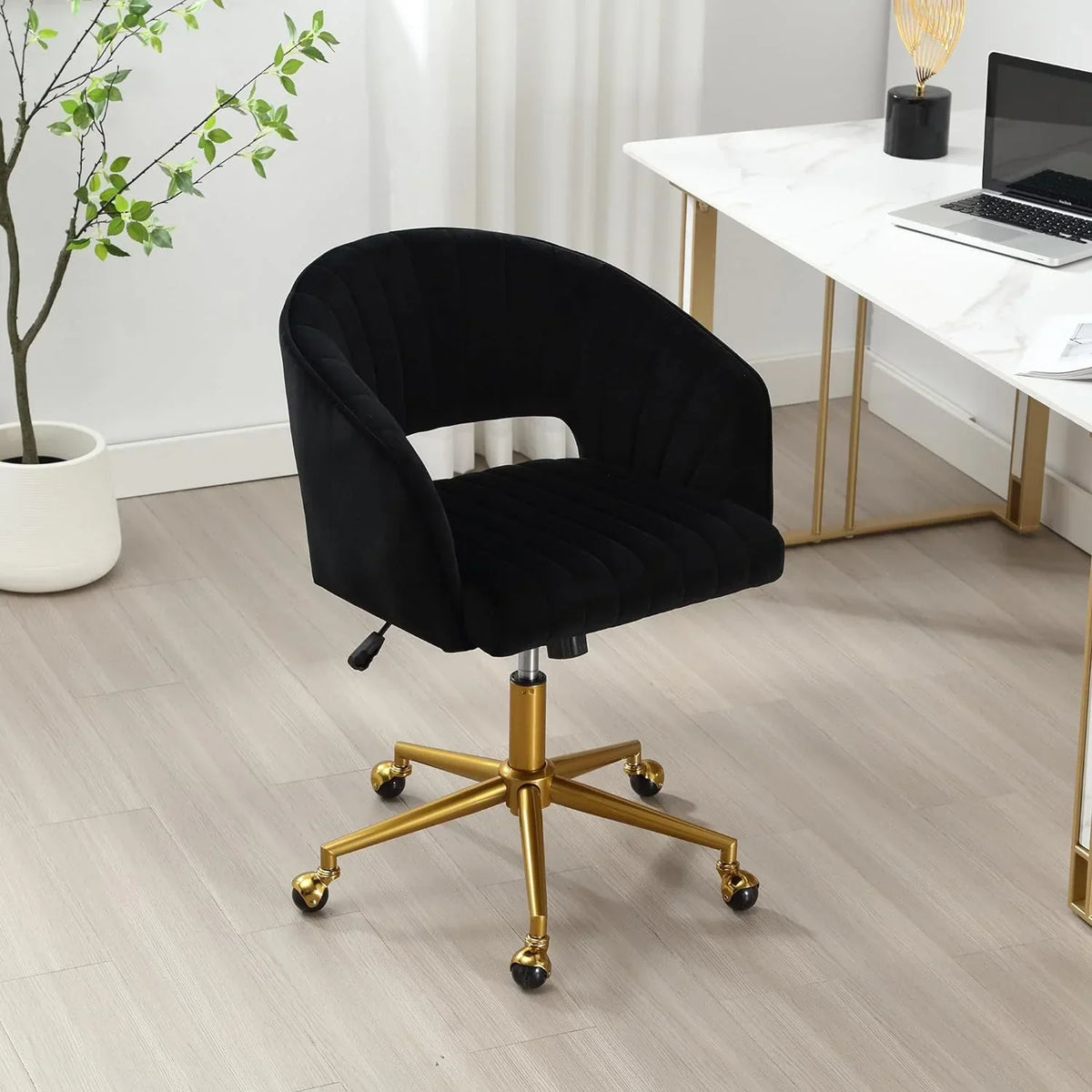 2026 NewHome Office Swivel Desk Chair, Modern Velvet Vanity Chair, Height Adjustable Armchair with Gold Base, Ergonomic Office Chair for Task Study Computer Room, Beige