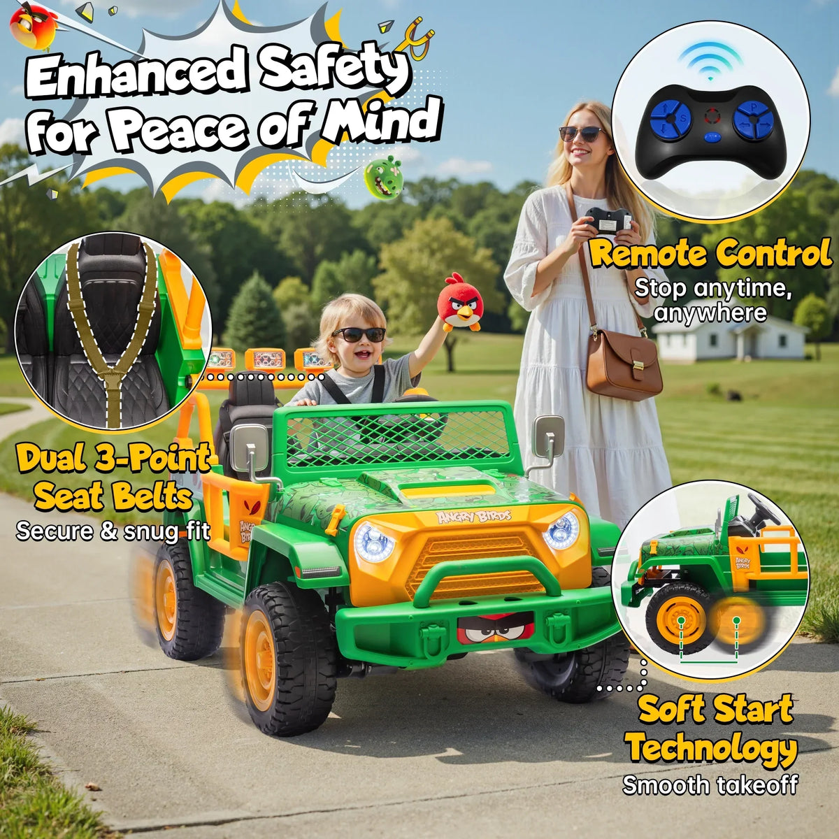 2026 NewJoyracer 24 Volt Ride on Toys for Big Kids, Licensed Angry Birds Ride on Truck with Remote, 2 Seater 4WD Electric Ride ons with Shovel, Bluetooth, Lights, Power Car Wheels for 3-8, 130lbs, Green