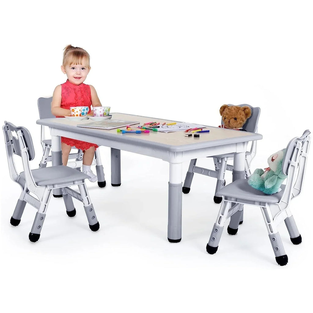 2026 NewLAZY BUDDY Kids Table and 4 Chairs Set, Height Adjustable Toddler Desk with Graffiti Desktop, Kids Activity Table Set for Daycare, Home