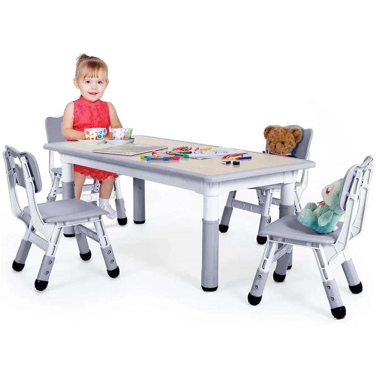 2026 NewLAZY BUDDY Kids Table and 4 Chairs Set, Height Adjustable Toddler Desk with Graffiti Desktop, Kids Activity Table Set for Daycare, Home