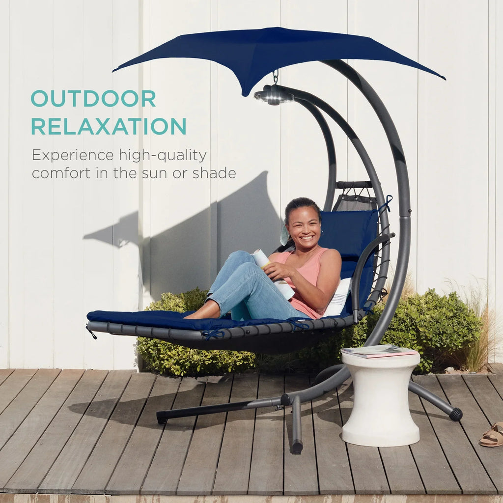 2026 NewBest Choice Products Hanging Curved Chaise Lounge Chair Swing for Backyard, Patio w/ Pillow, Shade, Stand - Teal