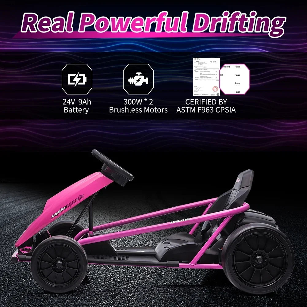 2026 NewSimzone Go Kart for Kids 24V Battery 300WX2 Motors Pedal On Foot Go Cart 8MPH High Speed Drifting Car with Slow Start Function Music Elastic Durable Tires, Blue