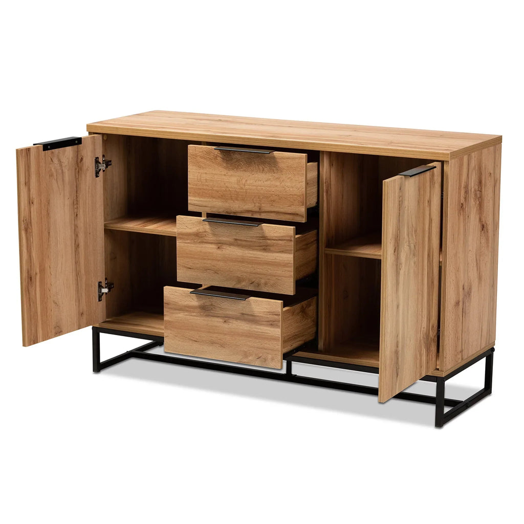 2026 NewBaxton Studio Reid Modern and Contemporary Industrial Oak Finished Wood and Black Metal 3-Drawer Sideboard Buffet