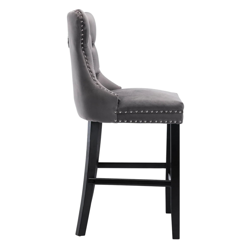 2026 NewVelvet Bar Stools Set of 2, Upholstered Counter Height Bar Chair with Rivet and Button Trim, Bar Stool with Back and Footrest, for Dining Room, Kitchen, Pub, Gray