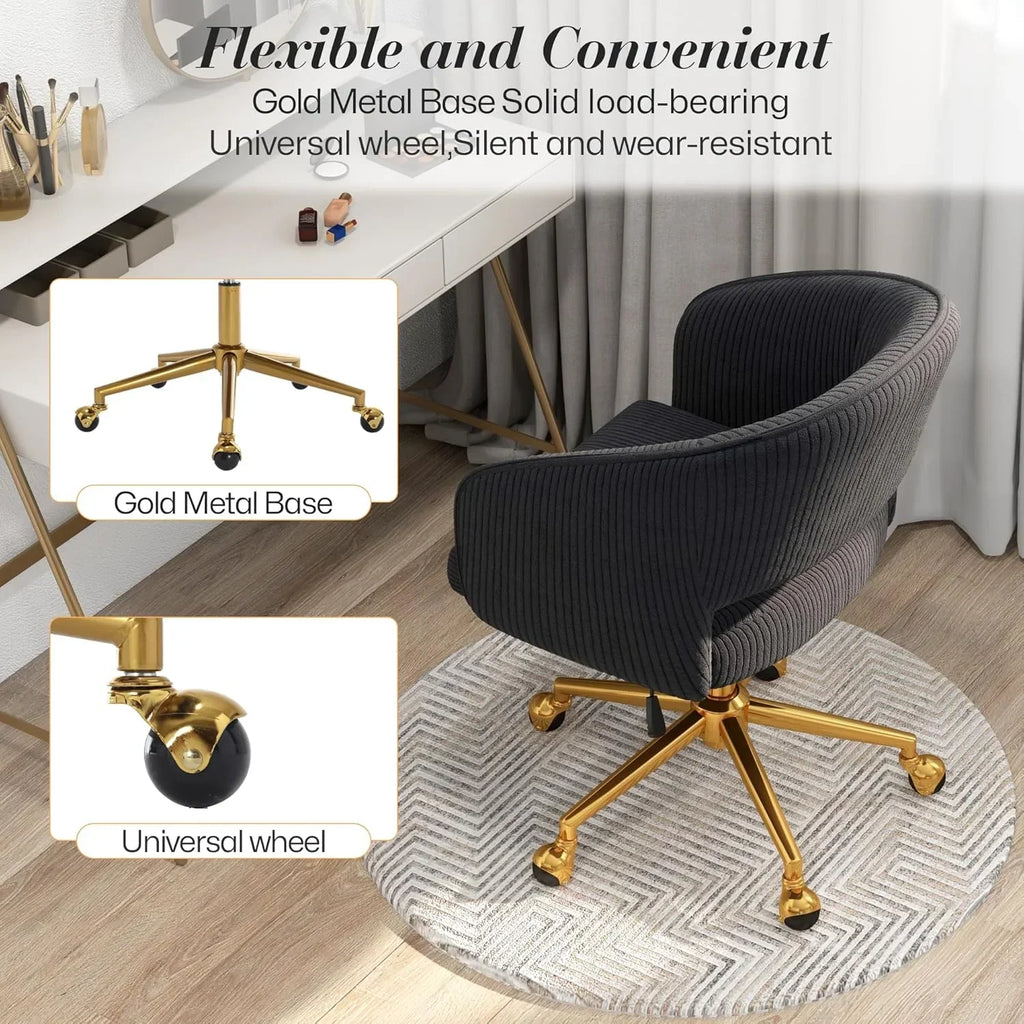 2026 NewHome Office Swivel Desk Chair, Modern Velvet Vanity Chair, Height Adjustable Armchair with Gold Base, Ergonomic Office Chair for Task Study Computer Room, Beige