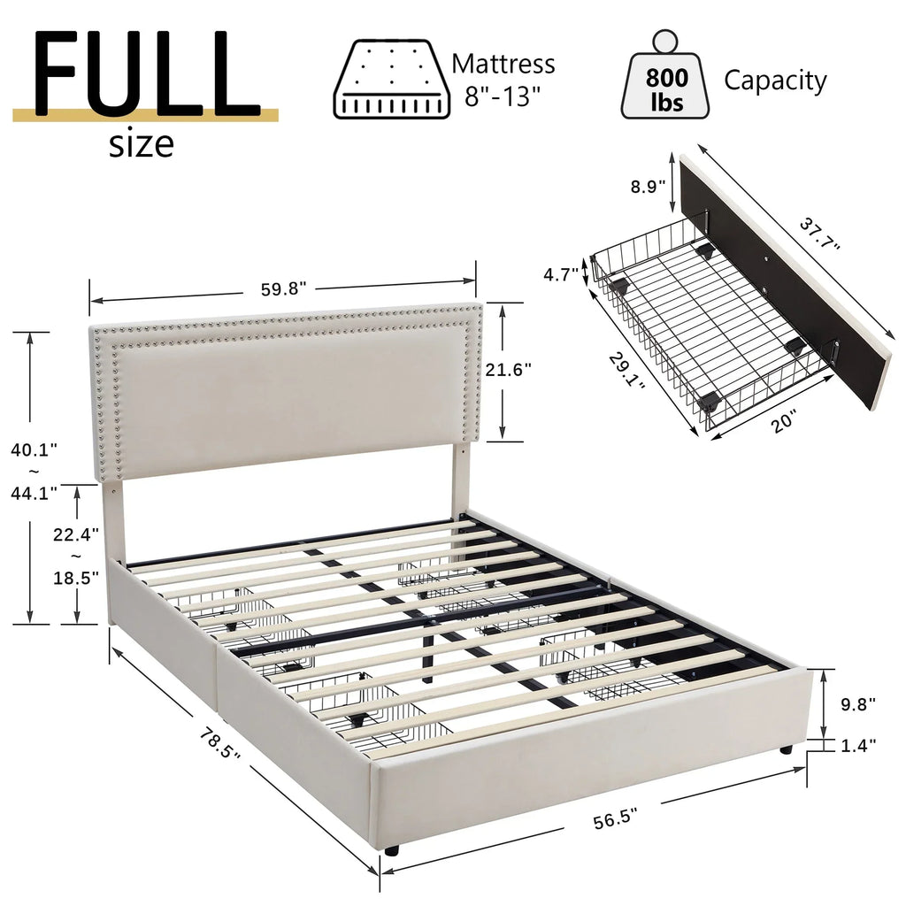 2026 NewVECELO Full Bed Frame with 4 Storage Drawers (Wheeled) and Tufted Upholstered Adjustable Headboard Platform Bed, Beige
