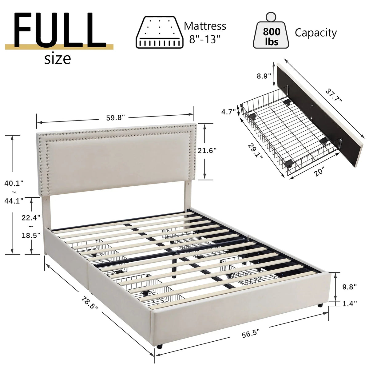2026 NewVECELO Full Bed Frame with 4 Storage Drawers (Wheeled) and Tufted Upholstered Adjustable Headboard Platform Bed, Beige