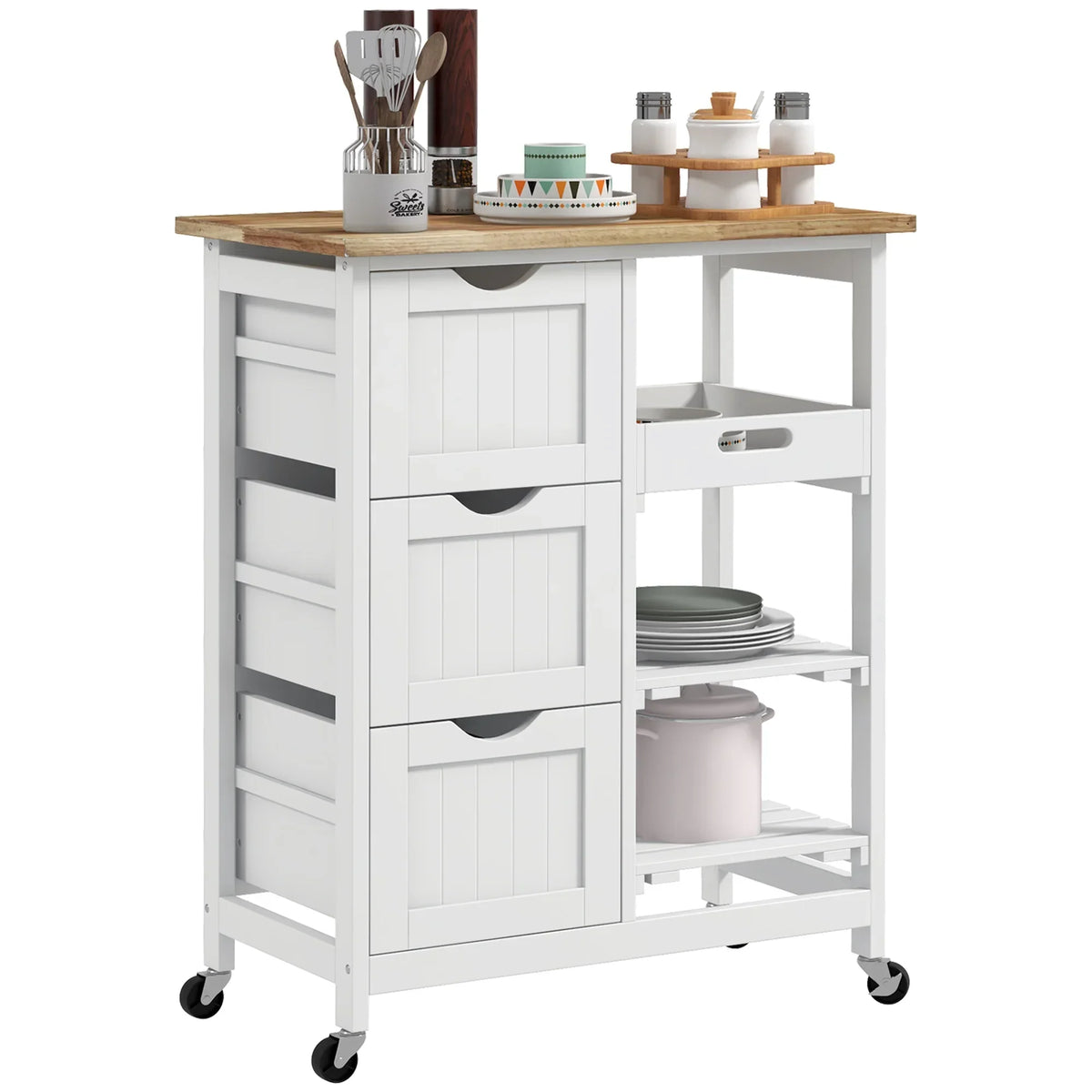 2026 NewHOMCOM Rolling Kitchen Island Cart, Bar Serving Cart, Compact Trolley on Wheels with Wood Top, Shelves & Drawers for Home Dining Area, Grey