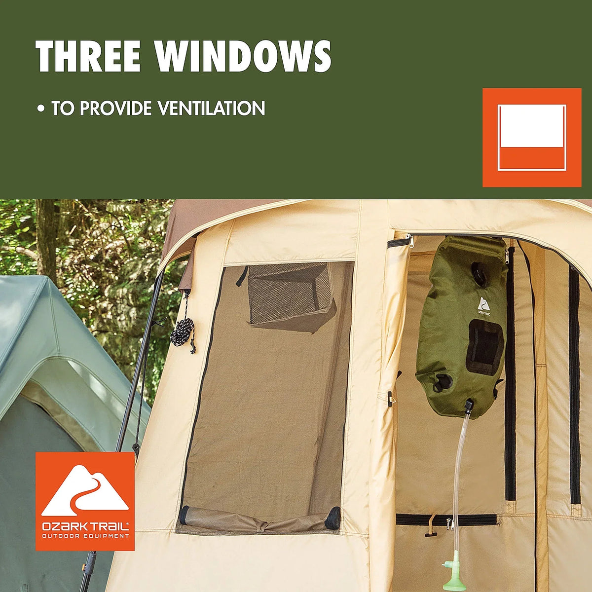 2026 NewOzark Trail 2-Room Shower & Utility Tent Combo Includes 5-Gallon Water Container, Easy Setup, Maximum Occupancy Is 2. Khaki Colour.