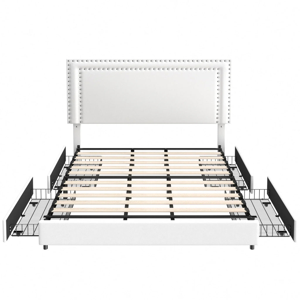 2026 NewVECELO Full Bed Frame with 4 Storage Drawers (Wheeled) and Tufted Upholstered Adjustable Headboard Platform Bed, Beige