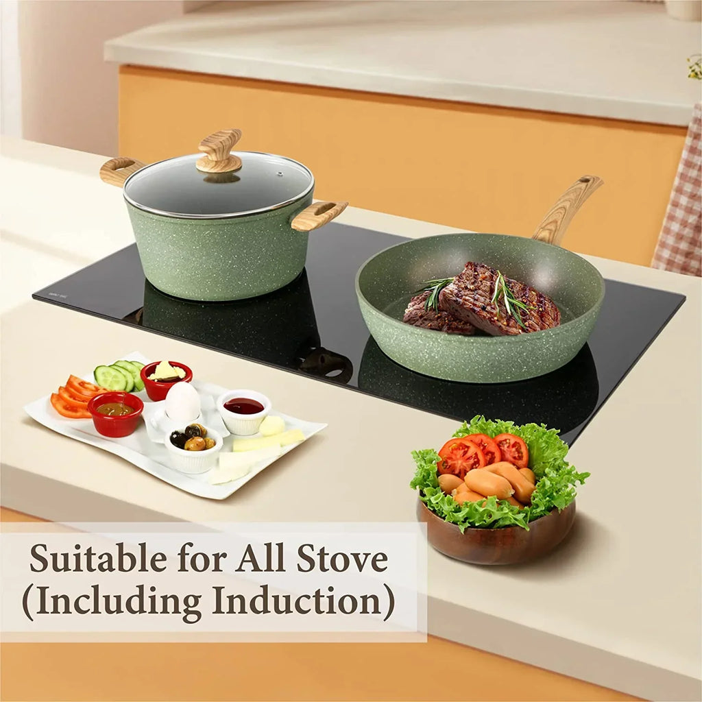 2026 NewKitchen Academy 17 Pieces Induction Cookware Set with Griddle, Green Granite Pots and Pans Set Non Stick, Healthy Nonstick Cooking Pans Set