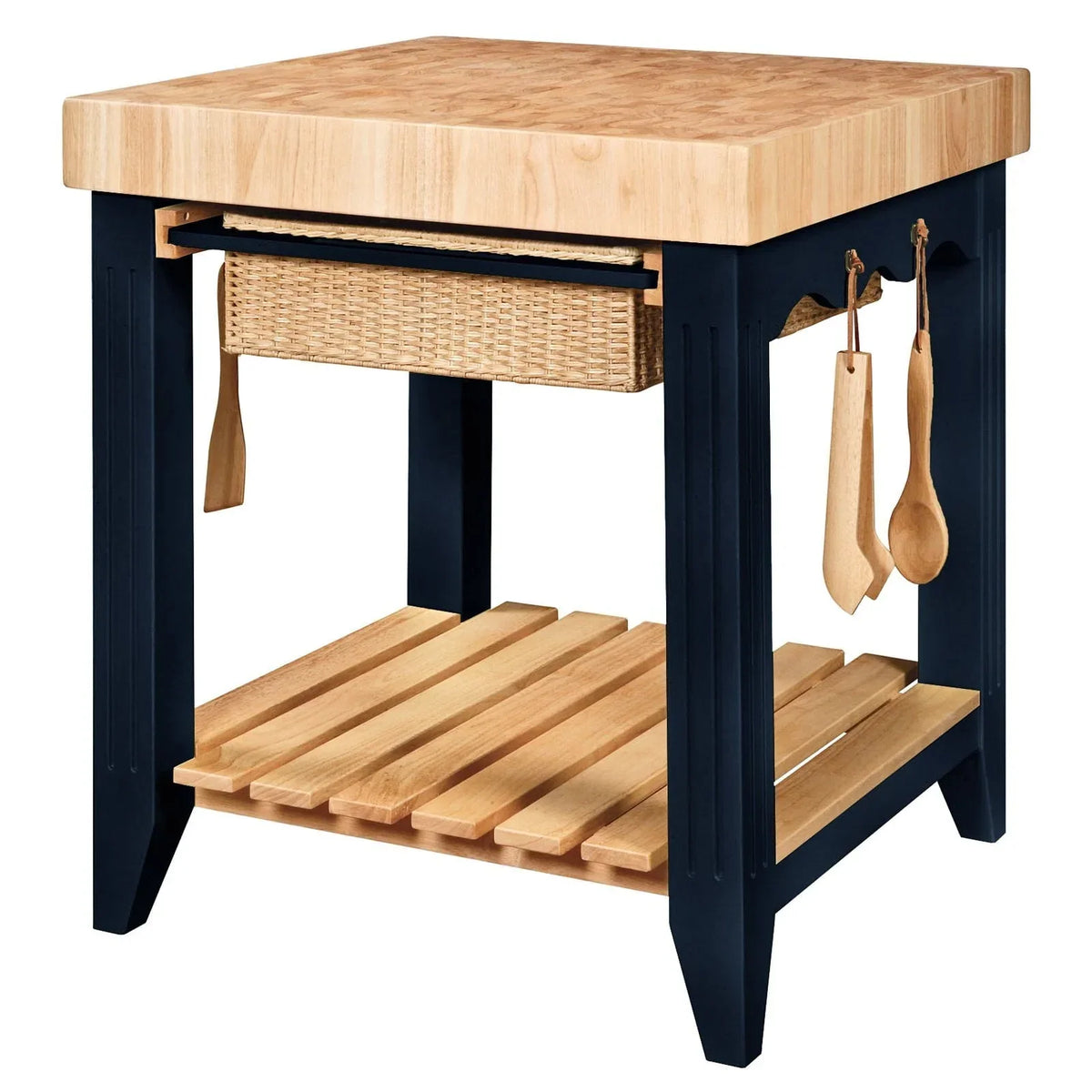 2026 NewKolton Square Kitchen Island, Black and Natural with Butcher Block Top