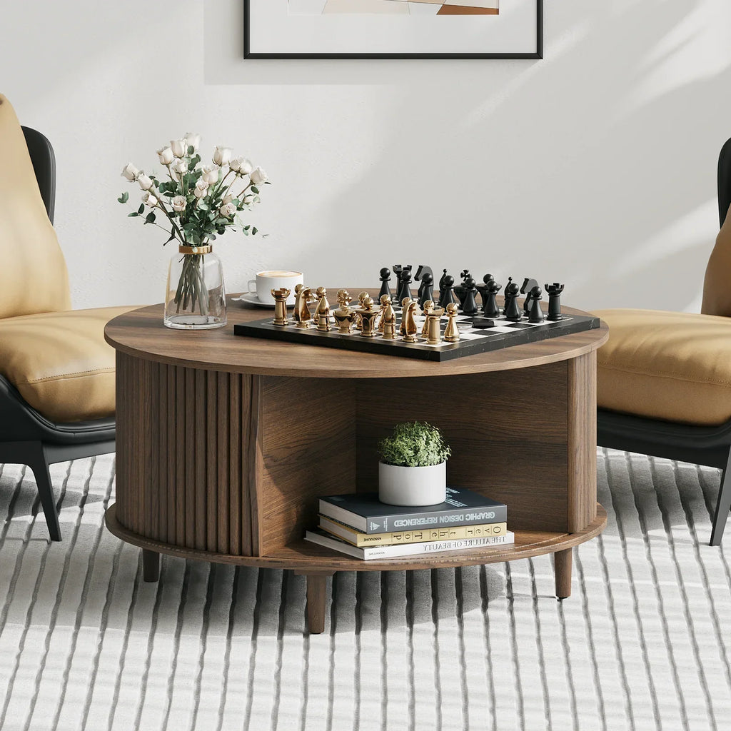 2026 NewJOINICE Round Coffee Table with Storage and Sliding Door,Mid Century Modern Wooden Center Table,for Living Room,Walnut