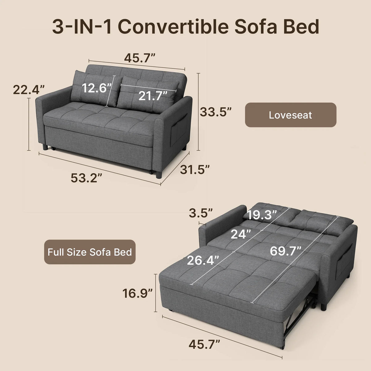 2026 NewSofa Bed, Lofka 3-in-1 Convertible Sleeper Sofa with Storage, Adjustable Backrest & Pull Out Function - Sleeper Chair for Small Space, Apartment, Dark Grey