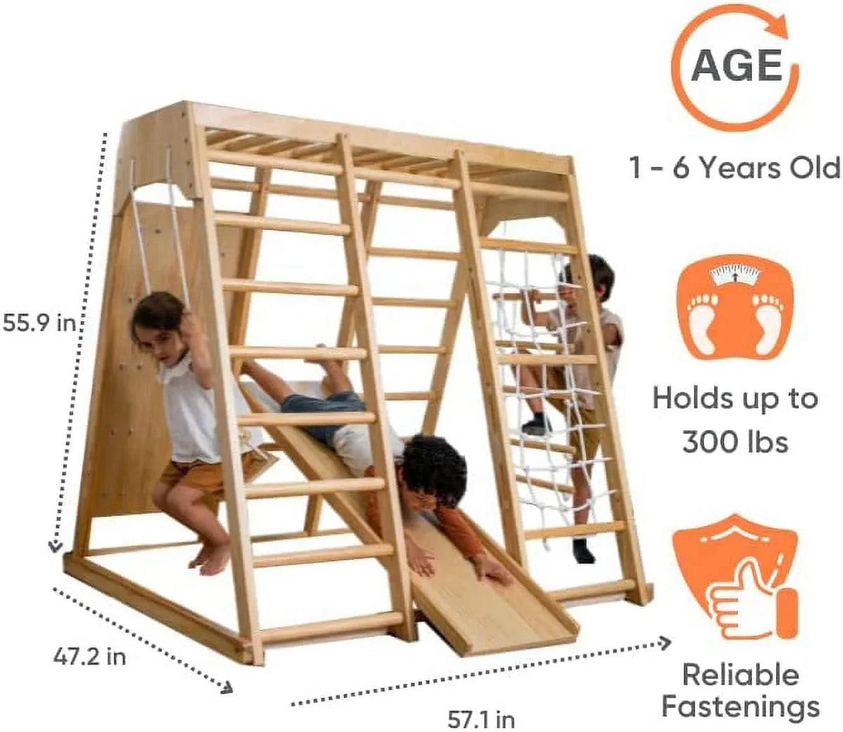 2026 NewAvenlur Indoor Toddler and Child Indoor Gym Playground Climber - Real Wooden Playset 6-in-1 Slide, Rock Climb Wall, Rope Wall Climbing, Monkey Bars, Swing, Ladder Fun Gym for Children