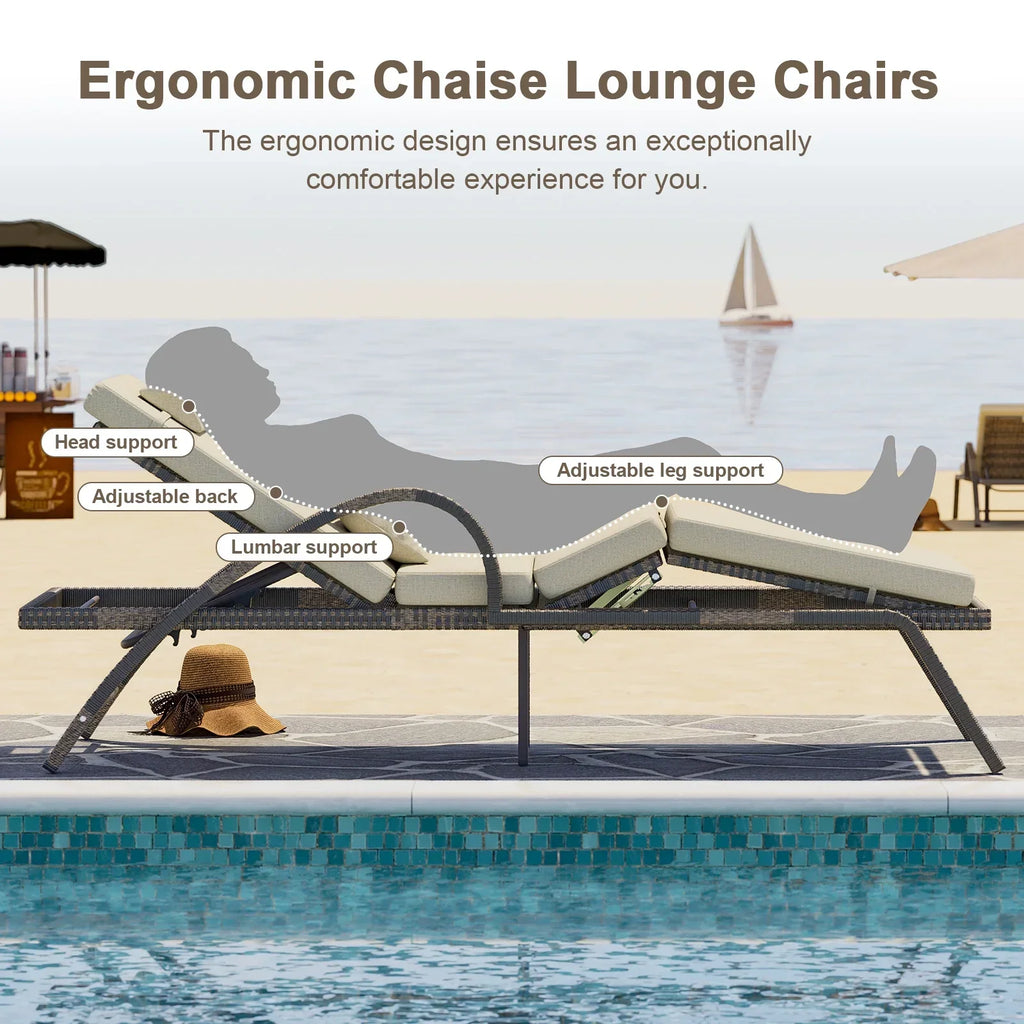 2026 NewMEISSALIVVE 4-Piece Outdoor Lounge Chairs, Pool Chairs with Adjustable 5 Position Backrest, PE Rattan Chaise for Backyard Porch Deck (Gray)