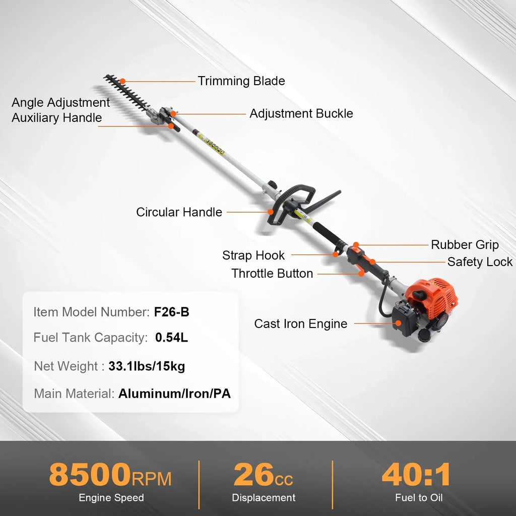 2026 NewVEVOR 26CC 5-in-1 Multi-Functional Trimming Tools, Gas Hedge Trimmer, Weed Eater, String Trimmer, Edger, Pole Saw Chainsaw Pruner with Extension Pole