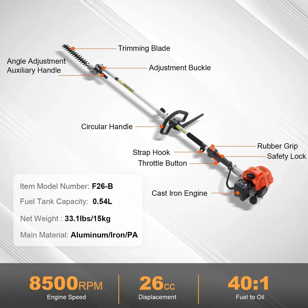 2026 NewVEVOR 26CC 5-in-1 Multi-Functional Trimming Tools, Gas Hedge Trimmer, Weed Eater, String Trimmer, Edger, Pole Saw Chainsaw Pruner with Extension Pole