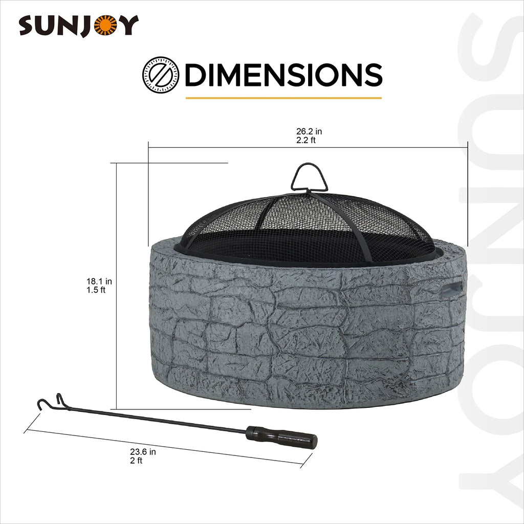 2026 NewSunjoy Stone Fire Pit 26 Inch, Outdoor Round Wood Burning Fire Pits with Spark Screen and Poker Grey
