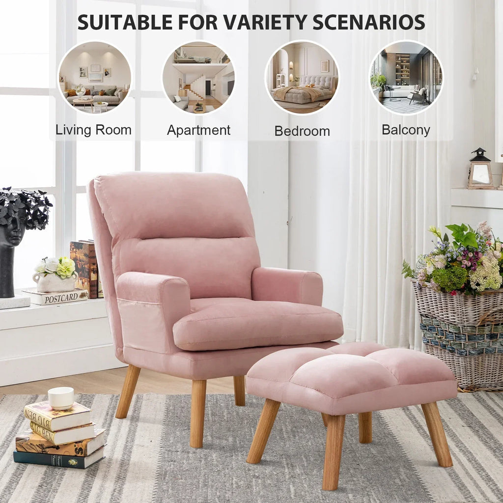 2026 NewBestier Adjustable Accent Chairs with Ottoman, Velvet Fabric Armchair for Bedroom Living Room, Comfy Lounge Chair with Padded Backrest and Side Pocket, Soft Reading Chair, Beige
