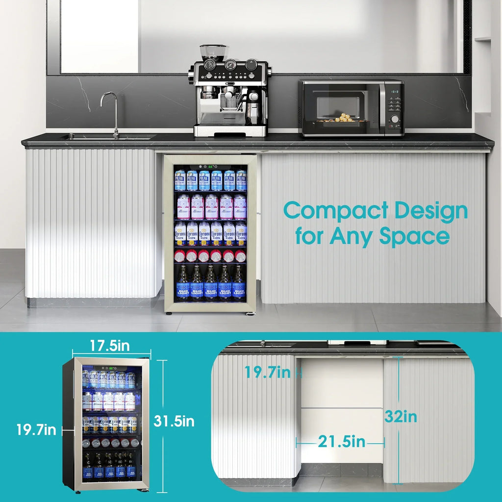 2026 NewQunler 130 Can Beverage Cooler Refrigerator with Glass Door for Beer Soda Water, Drink Fridge for Home Bar, Silver