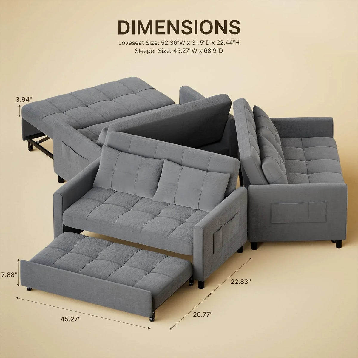 2026 NewSofa Bed, Lofka 3-in-1 Convertible Sleeper Sofa with Storage, Adjustable Backrest & Pull Out Function - Sleeper Chair for Small Space, Apartment, Dark Grey