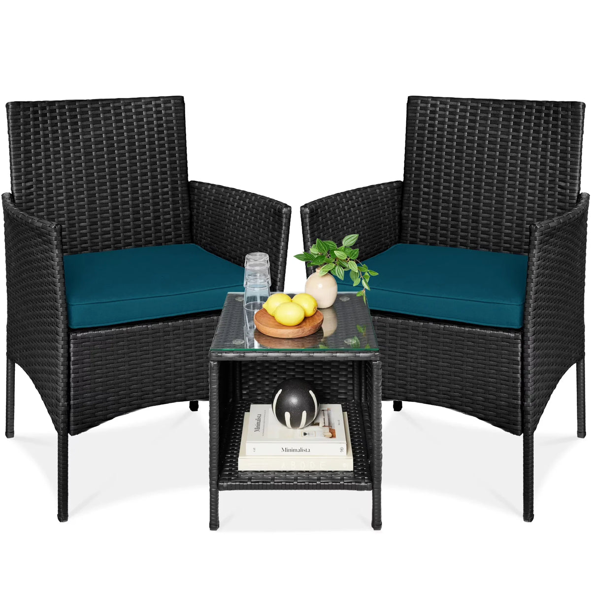 2026 NewBest Choice Products 3-Piece Outdoor Wicker Conversation Patio Bistro Set, w/ 2 Chairs, Table - Gray/Navy