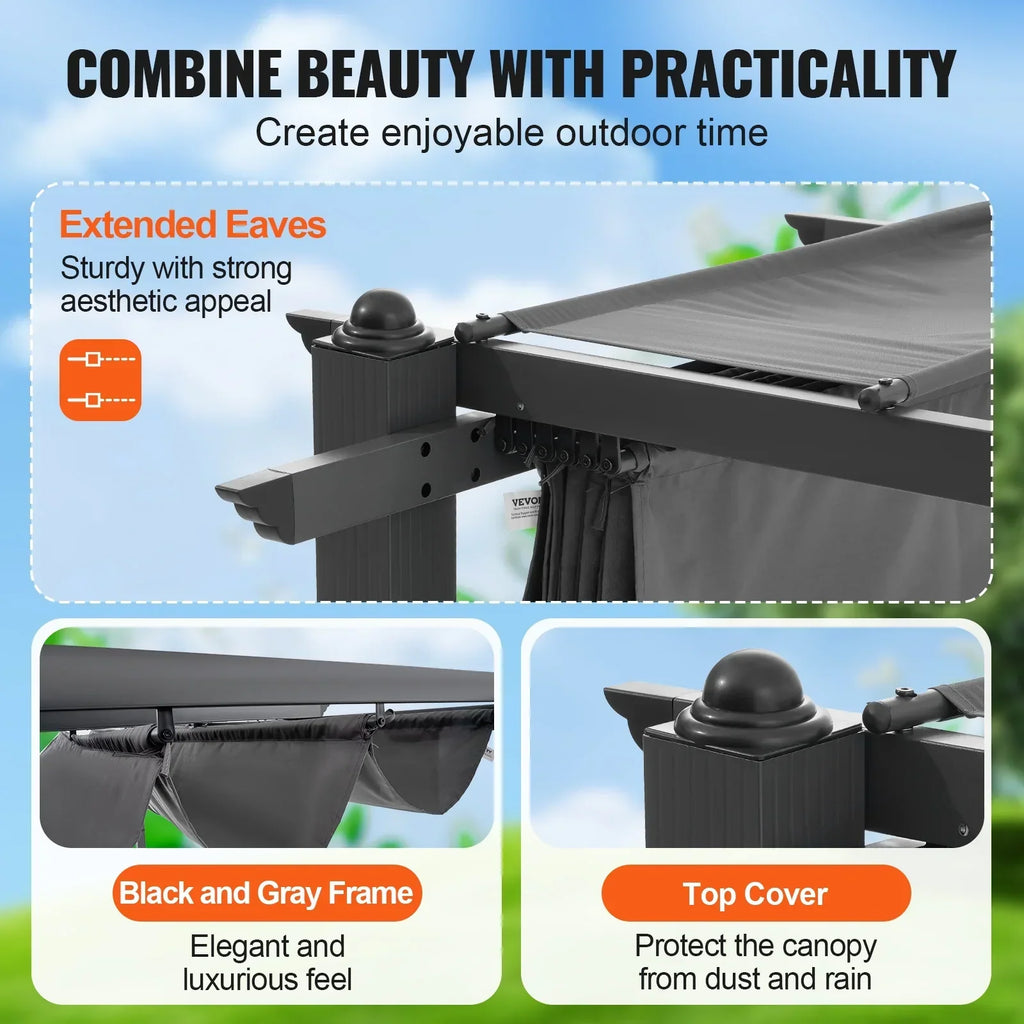 2026 NewKFFKFF 10'x10' Aluminum Pergola, Outdoor with Retractable Sun Shade Canopy, Ideal for Patio, Garden, Deck, Backyard - Gray
