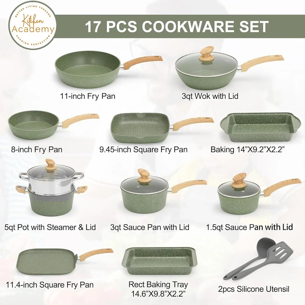 2026 NewKitchen Academy 17 Pieces Induction Cookware Set with Griddle, Green Granite Pots and Pans Set Non Stick, Healthy Nonstick Cooking Pans Set