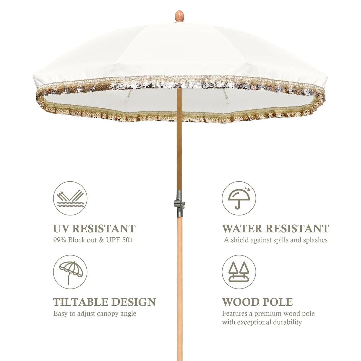 2026 NewLAGarden 6 Ft Fringe Patio Umbrella with Tassel Jazz Age Wood UPF50+ for Outdoor, Beige with gold tassel,Model: JZ6-01