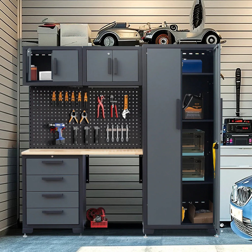 2026 NewHPDMC Garage Storage Cabinet System 7-Pcs Workshop Set Metal Garage Cabinets System with Steel Cabinet Drawers, Workbench, Pegboard for Garage Tool Organization