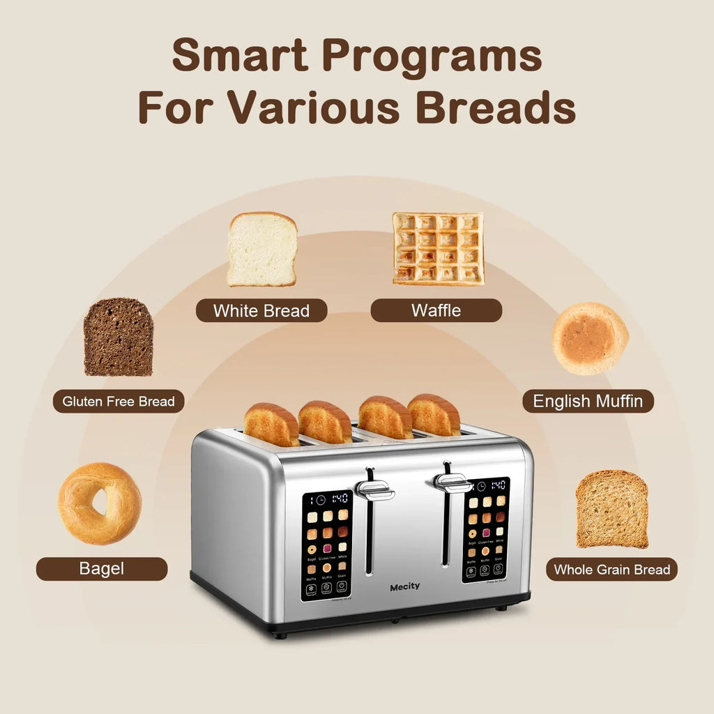 2026 NewMecity 4-Slice Touchscreen Toaster, Stainless Steel, 6 Browning Settings, Reheat, Cancel, Defrost, Removable Tray