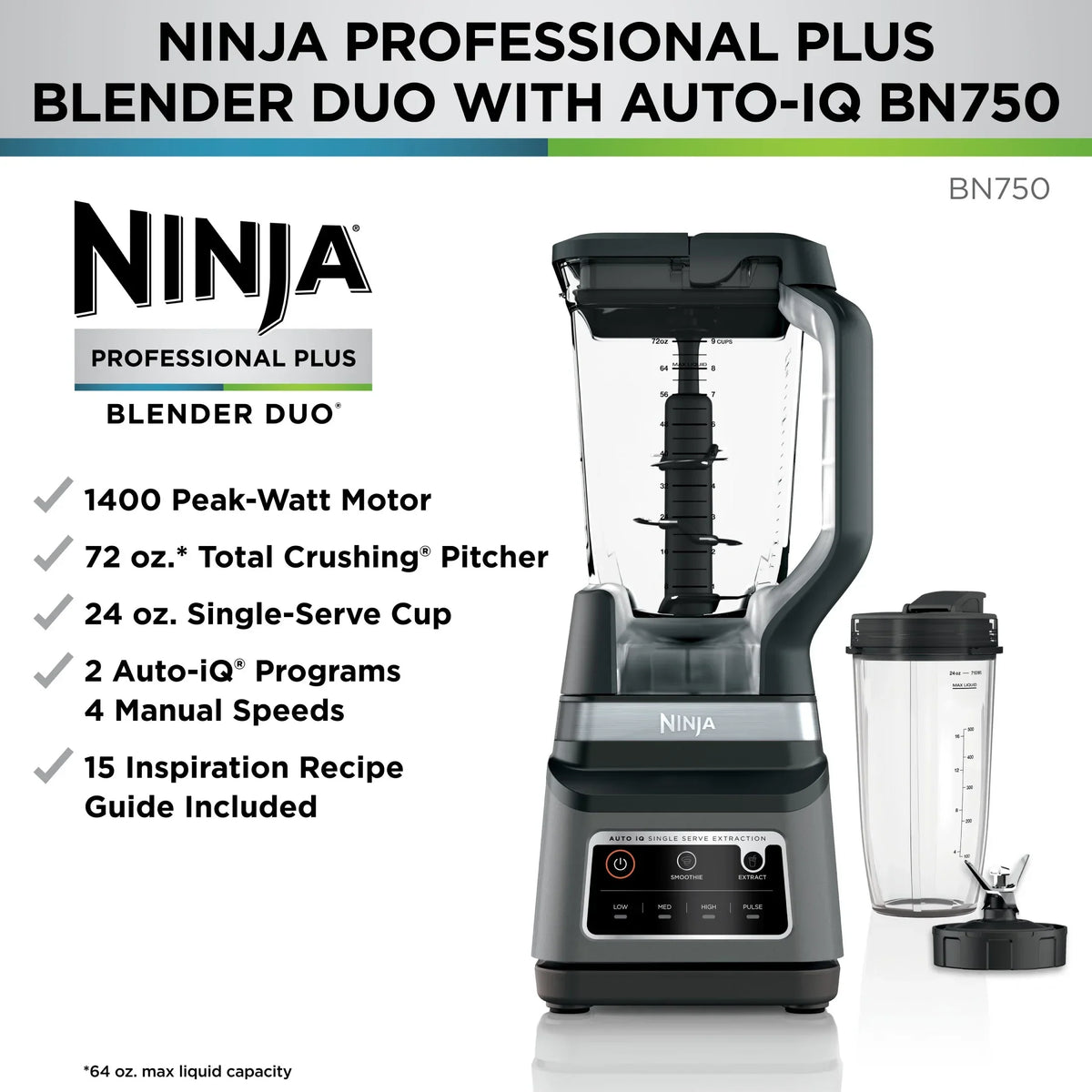 2026 NewNinja Professional Plus DUO Blender, 1400 W, 2 Auto-IQ Programs for Smoothies, Nutrient Extraction, 72 oz* Total Crushing Pitcher & (1) 24 oz To-Go Cup, Black, BN750