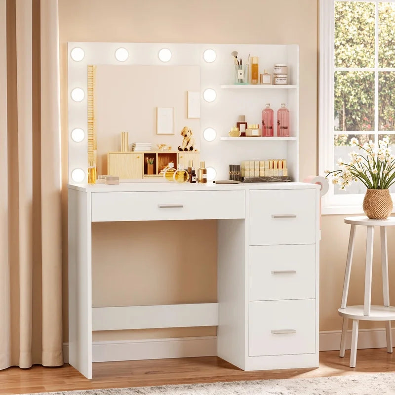 2026 NewLacoo Vanity Desk with Mirror and LED Lights, Makeup Vanity with 7 Drawers & 4 Shelves, Vanity Table with Power Outlet for Bedroom Dressing Room, White