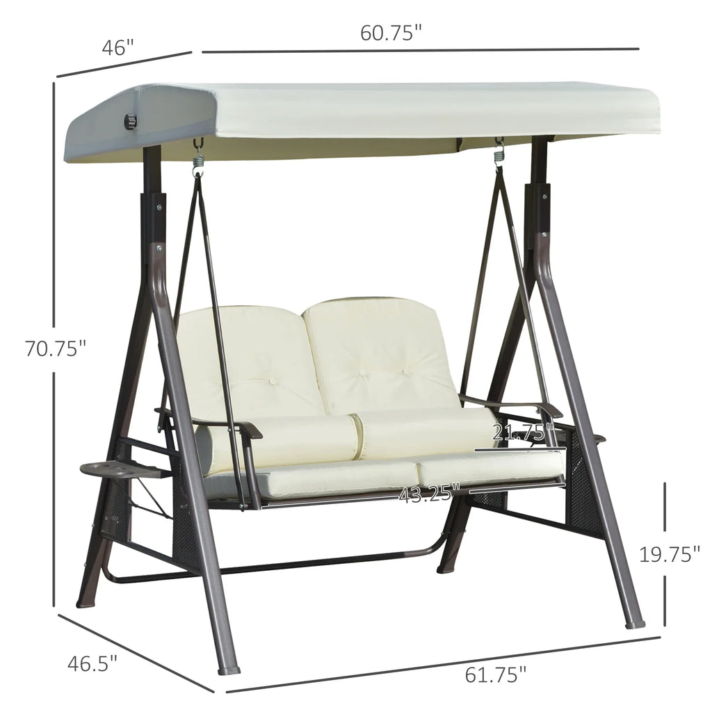 2026 NewOutsunny 2-Person Patio Swing Bench with Adjustable Shade Canopy, Soft Cushions, Throw Pillows and Tray, Beige.